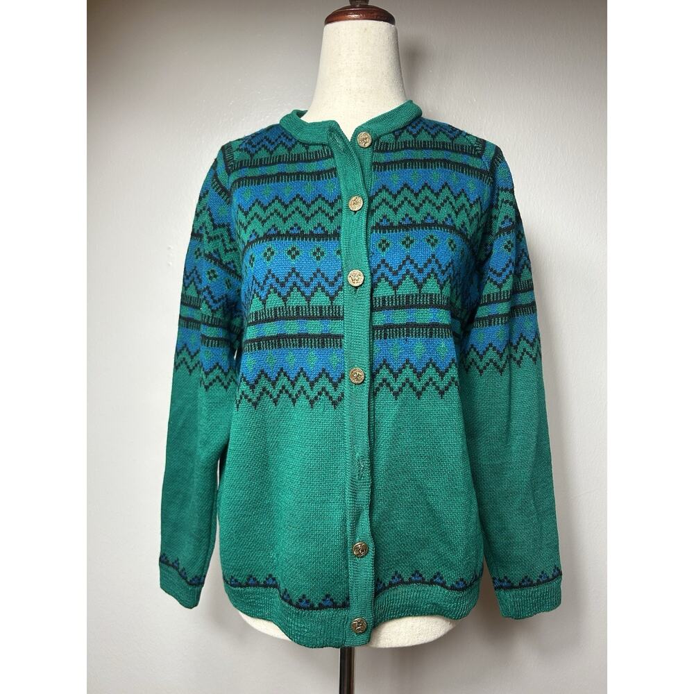 Vintage 50s 60s Kandel Wool Fair Isle Cardigan Sweater Sz L Herringbone Chevron - Picture 2 of 9